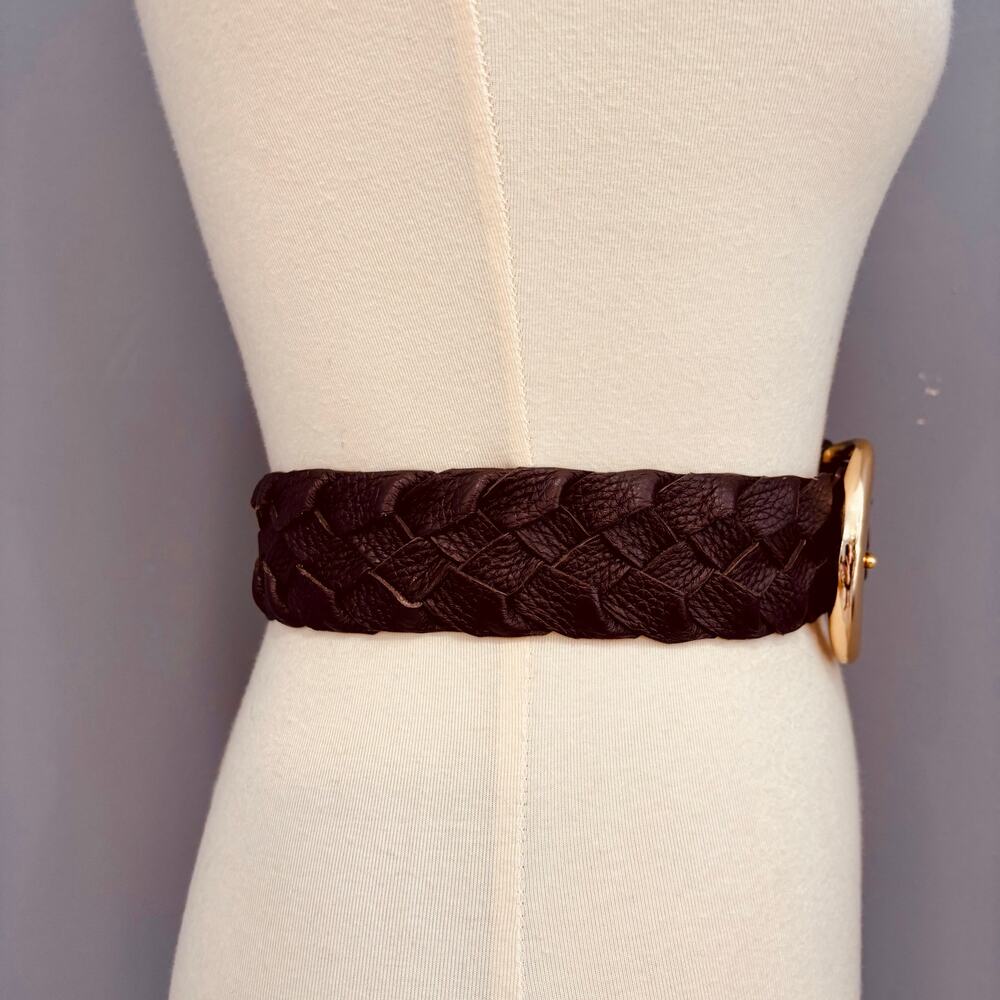 VTG Oversized Wide Brown Braided Leather Belt Gold Buckle, Women's L/XL - Picture 3 of 8